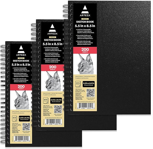 ARTEZA Spiral Sketch Book 5.5x8.5 Drawing Pad 3 Pack 100 Sheets Sketch Pads for Drawing for Adults & Teens