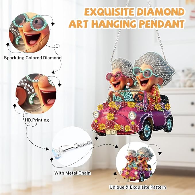 Funny Diamond Art Hanging Kits for Adults, Diamond Art Suncatchers Fun Senior Ladies, 5D Special Shape Diamond Painting Pendant Window Ornament Gifts for Home Wall Door Garden Decor