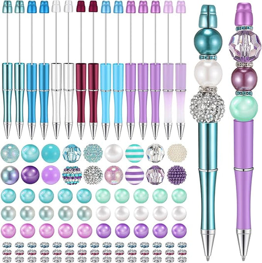 Geyee 15 Pcs Plastic Beadable Pens Assorted Bead Pens Multicolor Bubblegum Crystal Spacer Beads, Black Ink Ballpoint DIY Set, Back to School Gift for Student Summer Ocean Party Gifts(Ocean Color)