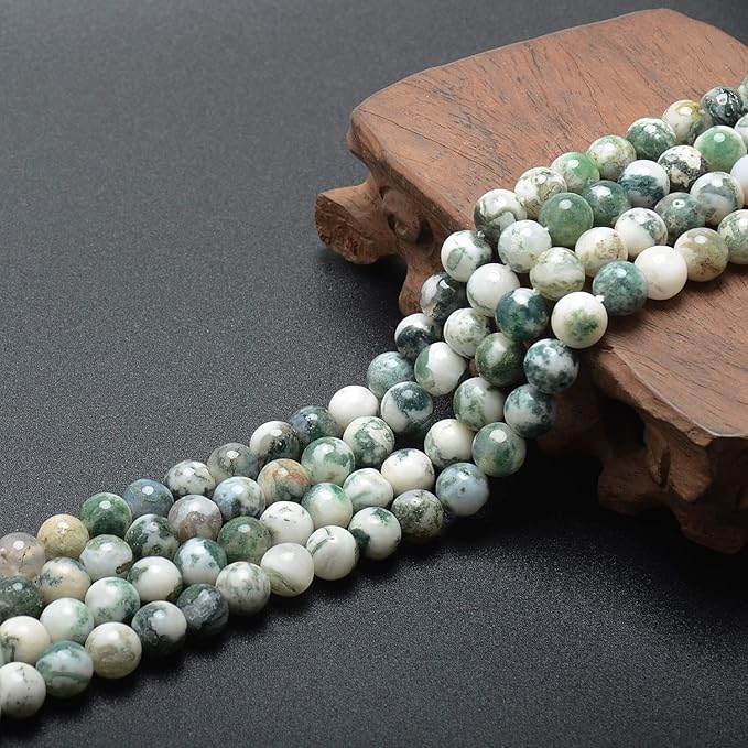 LPBeads 100pcs Polished 8mm Round Natural Tree Agate Gemstone Loose Beads with Stretch Cord for Jewelry Making Bracelets