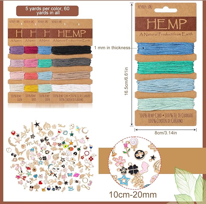 Quelay Hemp Cords Jewelry DIY Making Kits, 16 Pcs 84 Yards Flax String Cord Natural Twine Rope and Various Styles Bracelet Charms for Friendship Bracelet Necklace Keychain Gift Craft Making (Colorful)