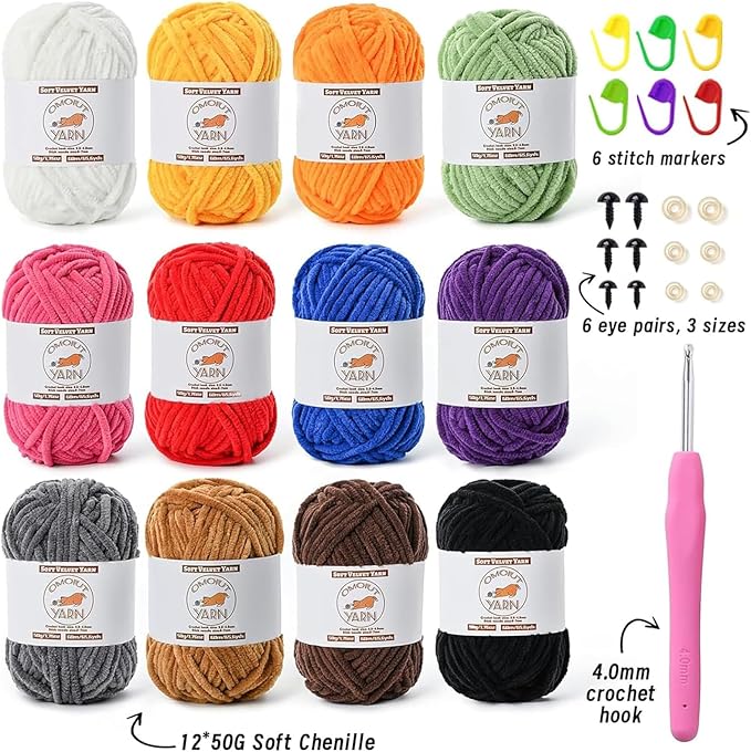 12 Pack Fluffy Velvet Yarn for Crocheting, Chunky Chenille Baby Yarn for Crocheting Soft Blanket, 787 yds Amigurumi Yarns for Knitting, Bulky Multicolored Crochet Yarns Set B