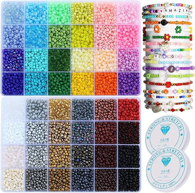 8600 pcs 4mm 6/0 48 Colors Glass Seed Beads, Charms Bracelet Jewelry Making Beads Kit Gifts Small Craft Glass Beads with Beading Elastic String for Bracelets Earrings Necklaces Making（48 Colors）
