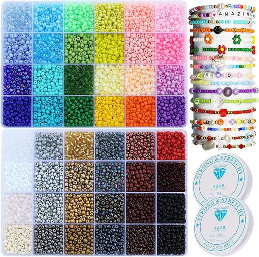 8600 pcs 4mm 6/0 48 Colors Glass Seed Beads, Charms Bracelet Jewelry Making Beads Kit Gifts Small Craft Glass Beads with Beading Elastic String for Bracelets Earrings Necklaces Making（48 Colors）