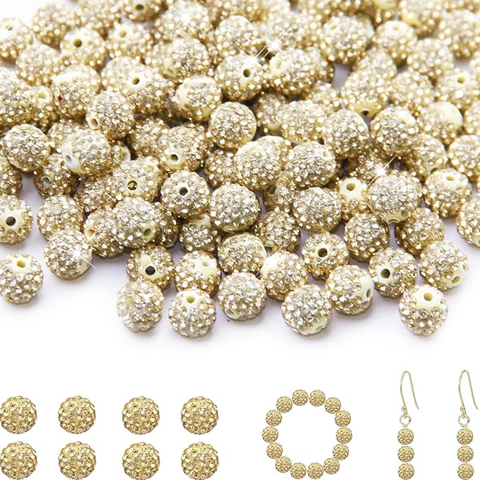 150 Pcs 10mm Rhinestone Beads for Jewelry Making, Light Yellow Shiny Round Shamballa Disco Baseball Necklace Beads Sparkle Crystal Clay Pave Rhinestones Bead for DIY Bracelet Earring Making Supplies
