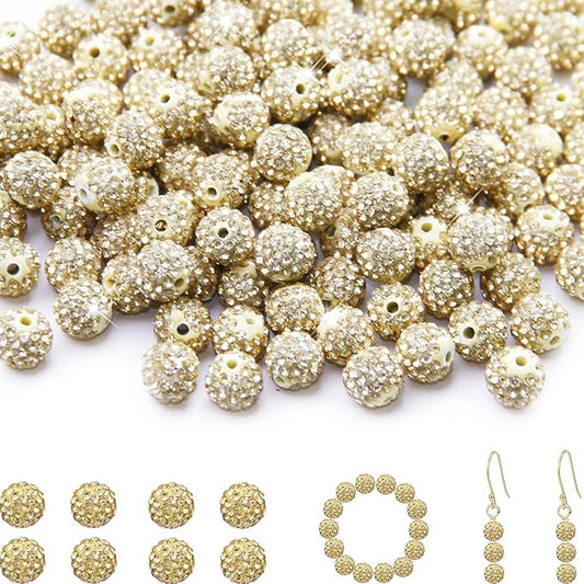 200 Pcs 10mm Rhinestone Beads for Jewelry Making, Light Yellow Shiny Round Shamballa Disco Baseball Necklace Beads Sparkle Crystal Clay Pave Rhinestones Bead for DIY Bracelet Earring Making Supplies