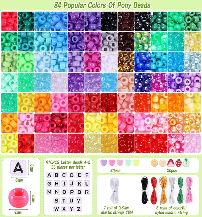 4000Pcs 84 Colors Pony Beads for Bracelet Making Kit, Rainbow Kandi Beads Friendship Bracelet Kit with 910pcs A-Z Letter Bead, DIY Jewelry Making Craft for Adults