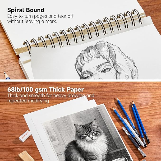shuttle art 9”x12” sketch pad, 260 sheets (68lb/100gsm) drawing pad, pack of 2, 130 sheets each, spiral bound sketch book, durable acid-free drawing paper, great sketch pad for kids, teens & adults