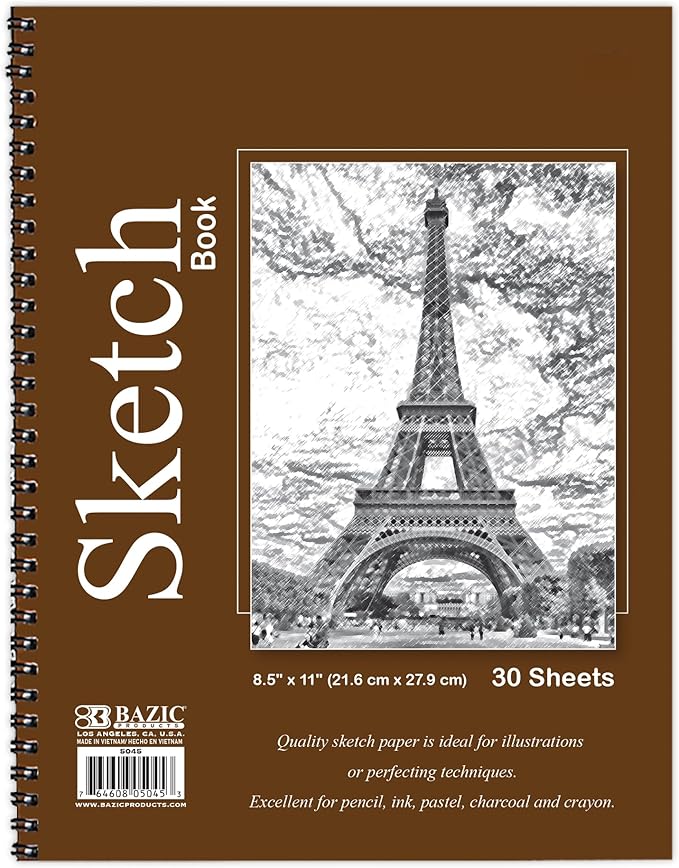 bazic products sketch pad, spiral sketchbook for artists & students, drawing pad with thick paper, sketching & drawing for kids, teens & adults, 30 sheets, 8.5" x 11", 48-pack