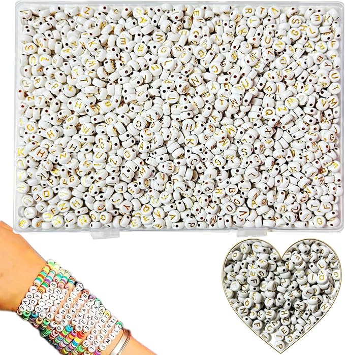 Alphabet Beads A-Z 1300Pcs Letter Beads, Acrylic 4x7mm Round Letter Beads Kits,Black Digit and Colorful Smile Beads for Bracelets Necklaces DIY Jewelry Making (Golden)