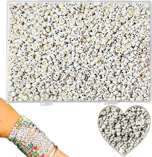 Alphabet Beads A-Z 1300Pcs Letter Beads, Acrylic 4x7mm Round Letter Beads Kits,Black Digit and Colorful Smile Beads for Bracelets Necklaces DIY Jewelry Making (Golden)