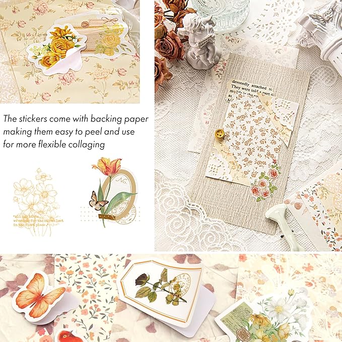 okupan vintage floral scrapbook paper & journaling stickers (400pcs) assorted set - 4 pack junk journal supplies for bullet journaling, retro crafts, planner, mixed media, collage card album