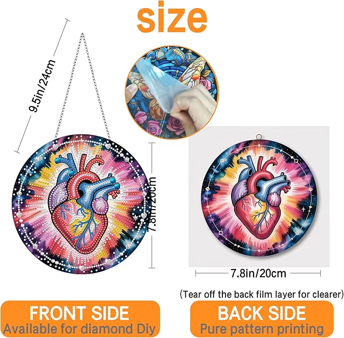 Ginfonr Diamond Painting Kits Hanging Pendant, Magic Diamond Art Kits for Adults, Special Shaped Rhinestone Heart Diamond Art, Double Sided Hanging Kits for Garden Wall Window 8 x 8 inch