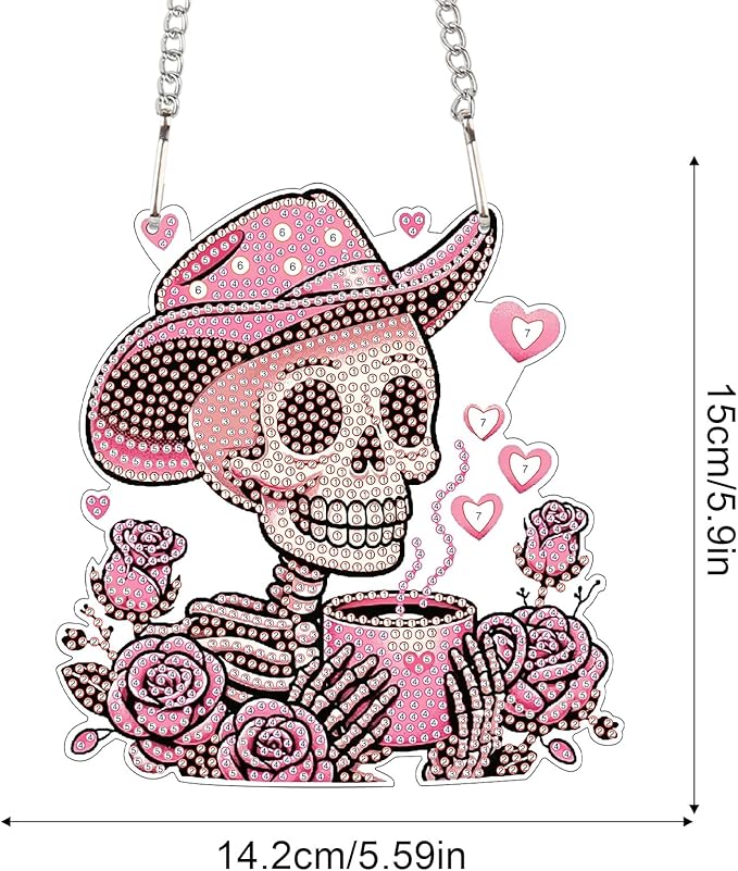 AiYuanzsh DIY 5D Diamond Art Hanging Rose Skull, Pink Skeleton Wall and Door Pendant, Diamond Painting Ornament with Rhinestones for Halloween, Western, Valentine’s Day Home Decor