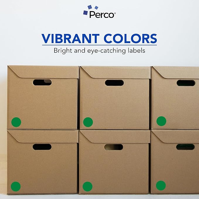 perco green 2-inch perforated circle dot sticker labels — 250 round stickers per roll — with permanent adhesive for organizing, color coding, bin labeling, packaging alerts — made in usa