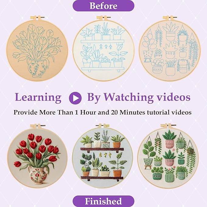 3 Pack Embroidery Kit for Adult Beginners, Needlepoint Cross Stitch Kits with Flower and Green Plant Stamped Patterns, Embroidery Hoop, Tools,Colorful Threads,Step by Step Instructions,DIY Starter Kit