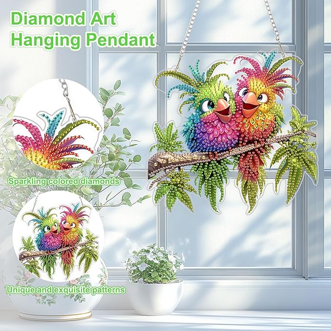 TOSTOG Birds Diamond Art Hanging Kits for Adults,Cute Bird Diamond Painting for Adults Window Pendant, Special Shape Diamonds Diamond Painting Hanging Pendant Kit for Wall Home Decor Gift