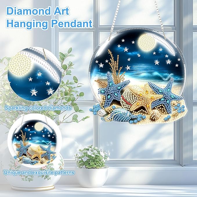 TOSTOG Diamond Art Hanging Kits for Adults, Starfish Diamond Paintings for Adults Window Pendant, Seaside Scenery Diamond Paintings Hanging Pendant Kit for Wall Decor Gift