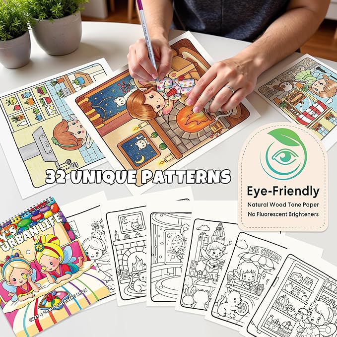 Cozy Coloring Book for Adults and Kids – Featuring Fairy’s Urban Life and Comfy City Flower Fairy Scenes, Bold and Easy, Cute Coloring Book for Teen Relaxation & Mindfulness Gift, Spiral Bound Design