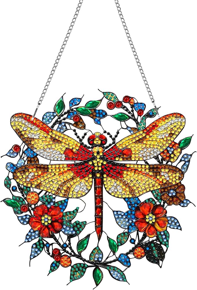 Hanging Diamond Art Kits for Adults Dragonfly Animal – 8x8 Inch Double-Sided Acrylic Board DIY Crystal Diamond Suncatcher Pendant, Sparkling Home Wall or Window Decoration Handmade Gift