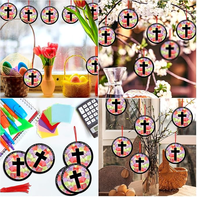 Motipuns 32 Sets Resurrection Easter Ornaments Craft Kit, Christian Religious DIY Cross Suncatchers Stained Glass Effect with Tissue Paper Window Art for Sunday School Church VBS Decor