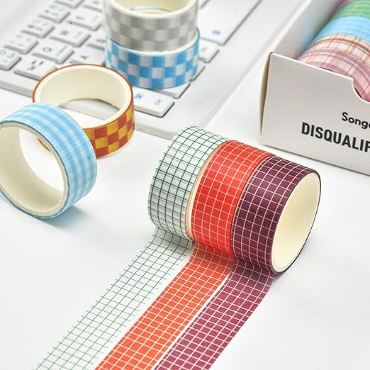 12 Rolls Grid Washi Tape Set Plaid Arts Adhesive Tapes Basic Patterns Decorative Masking Tape Sets for Craft, Kids, Scrapbook, DIY, Gift Wrapping (Style One)