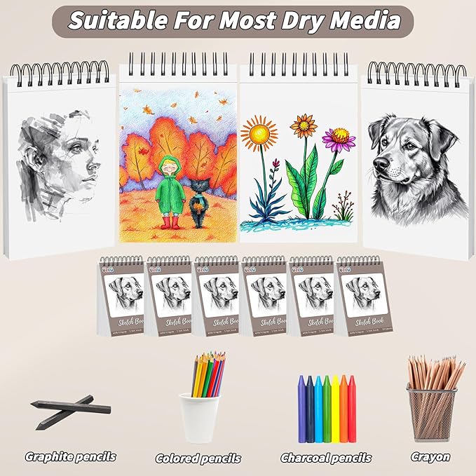6 Pcs Sketch Book Bulk 5.5 x 8.5 In 600 Sheets Top Spiral Bound Sketch Pad Drawing Paper 100 Sheets Each Acid Free Mixed Media Sketchbook 68lb/100gsm Art Supplies for Beginner Artist