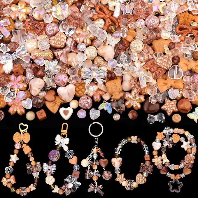 200-260pcs tinkrstuff assorted brown acrylic beads for bracelet making, cute beads for jewelry making flower bow butterfly candy gummybear aesthetic bracelet charms,diy necklace keychain phone charm