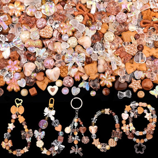 200-260pcs tinkrstuff assorted brown acrylic beads for bracelet making, cute beads for jewelry making flower bow butterfly candy gummybear aesthetic bracelet charms,diy necklace keychain phone charm