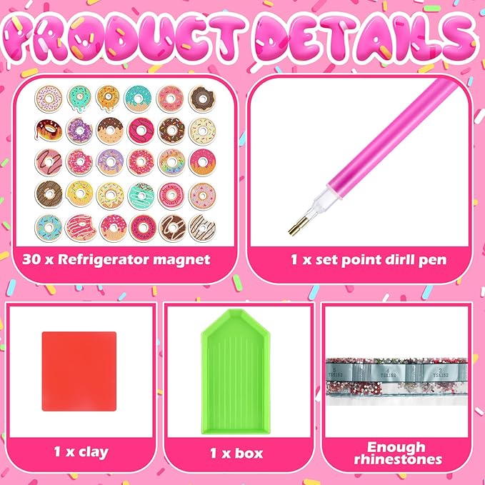 30 Pcs Diamond Art Painting Magnets Fridge Magnetic Diamond Art Painting Kits Fridge Sticker Magnet DIY Craft for Adult Beginner Gifts Toy Home Office Decors(Donut)