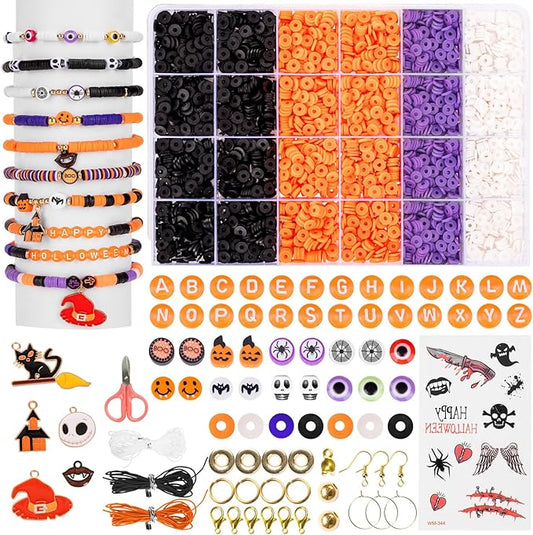 Goldwise Halloween Jewelry Making Bead Kit – 2 Storage Boxes with Clay Beads, Orange A–Z Letter Beads and Halloween Charms, DIY Bracelet & Jewelry Making Supplies