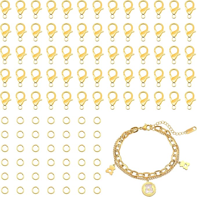 Lobster Claw Clasps, 300 Pcs 12mm Bracelet Closures with Jump Rings for Jewelry Making DIY Keychain Necklace by FENGWANGLI(Gold)