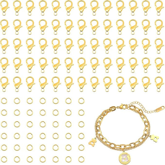 Lobster Claw Clasps, 300 Pcs 12mm Bracelet Closures with Jump Rings for Jewelry Making DIY Keychain Necklace by FENGWANGLI(Gold)