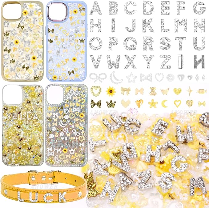 330 Pcs Junk Phone Case Charms 26 Pcs A-Z Rhinestone Alphabet Letter Charm, Mix Yellow Flower Bow Heart Pearls Flatback Resin Charms Letter Junk Cases Kit for DIY Crafts