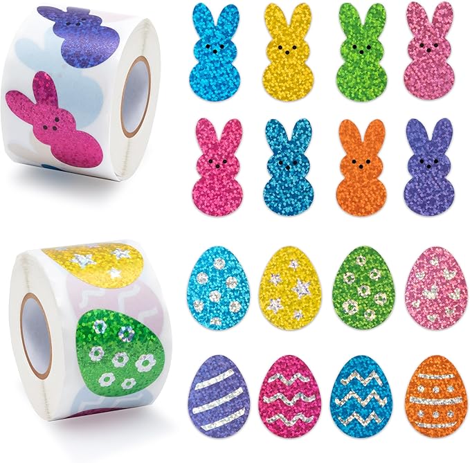 beyumi easter laser bunny sticker - 1000pcs laser bunny peeps stickers in 2 rolls holographic colorful sparkly glitter easter egg rabbit adhesive decal gift holiday party cards envelope decor for kids