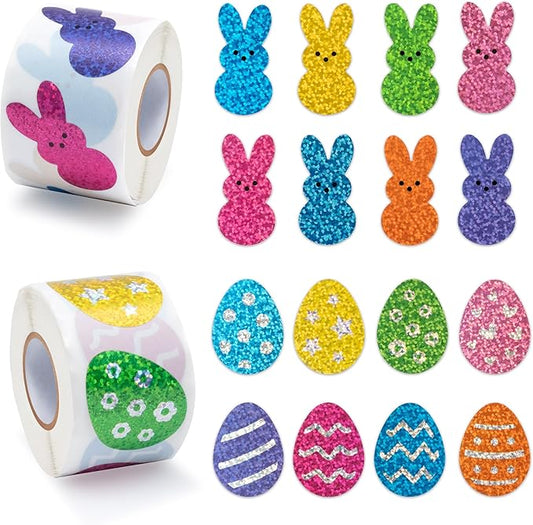 beyumi easter laser bunny sticker - 1000pcs laser bunny peeps stickers in 2 rolls holographic colorful sparkly glitter easter egg rabbit adhesive decal gift holiday party cards envelope decor for kids
