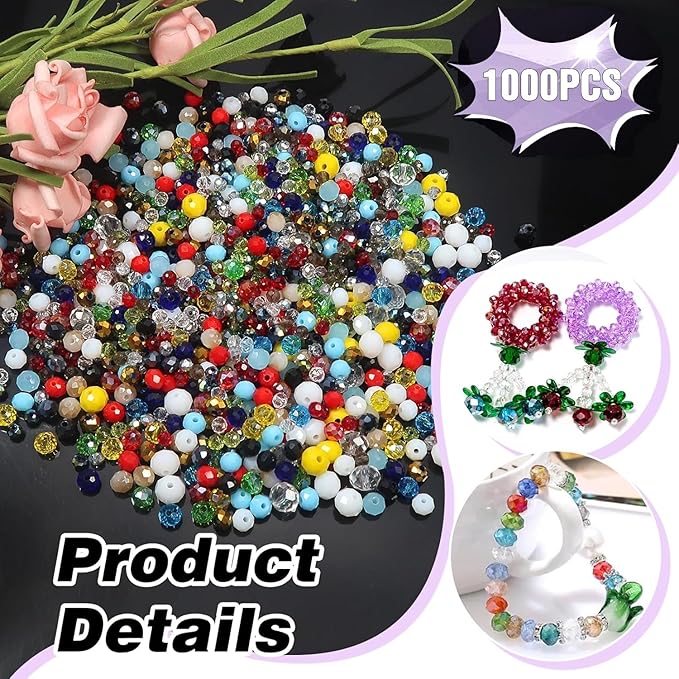 1000 Pcs Rondelle Faceted Glass Beads Crystal Glass Beads for Jewelry Making 4/6/8mm Faceted Briolette Rondelle Bead with Container for Earrings,Necklaces,DIY Beading Projects (Mix)