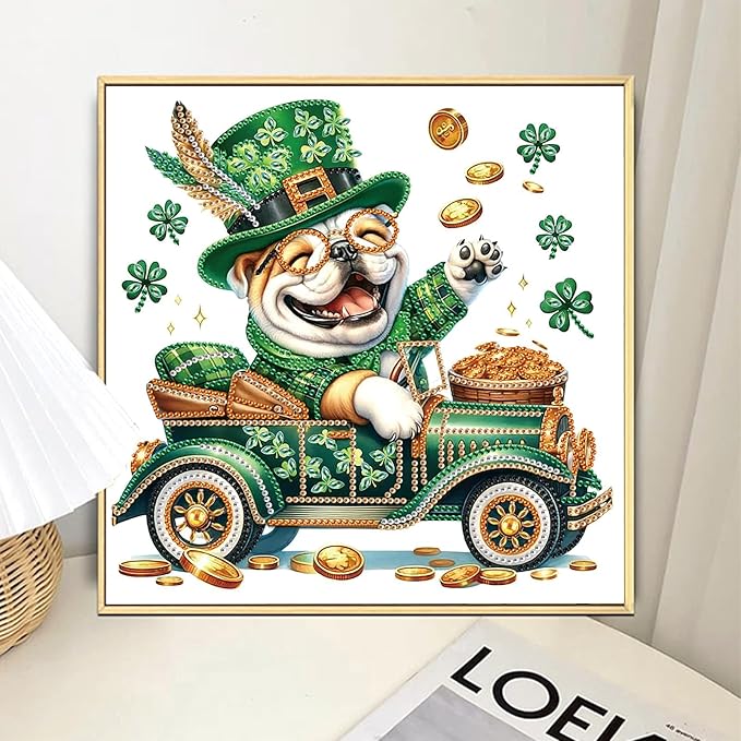 MVVMTOP Diamond Painting Kit St Patrick’s Day Dog Shamrock Lucky Coins Special Shaped 5D Partial Crystal Diamond Art DIY Wall Decor Gift