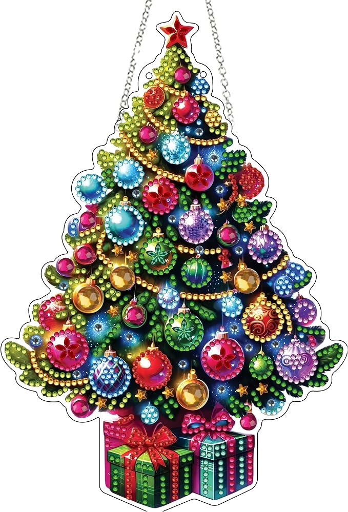JJFox Diamond Art Hanging Kit for Adult,Special Shaped Rhinestone,Double Sided DIY Acrylic Diamond Art Painting Window Pendants Home Garden Wall Hanging Kits Hanging Ornament (Christmas Tree)