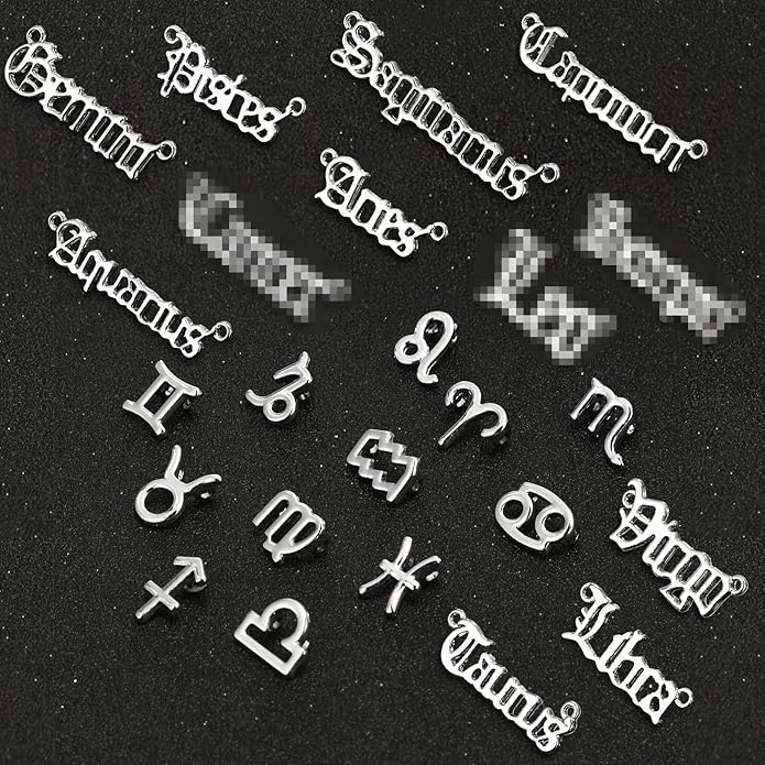 Hicarer 48 Pcs Zodiac Charms Bulk for Jewelry Necklace Bracelet Making, 4 Styles Symbol Name Diamond Alloy Zodiac Pendants Horoscope Sign with Cards