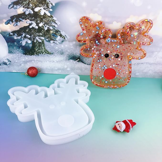 Christmas Reindeer Silicone Mold Resin kit, Epoxy Resin Tray Casting Molds with Glitter Design, Candy and Snack Plates, Jewelry Storage Tray Holiday Crafting Resin molds Silicone Clearance