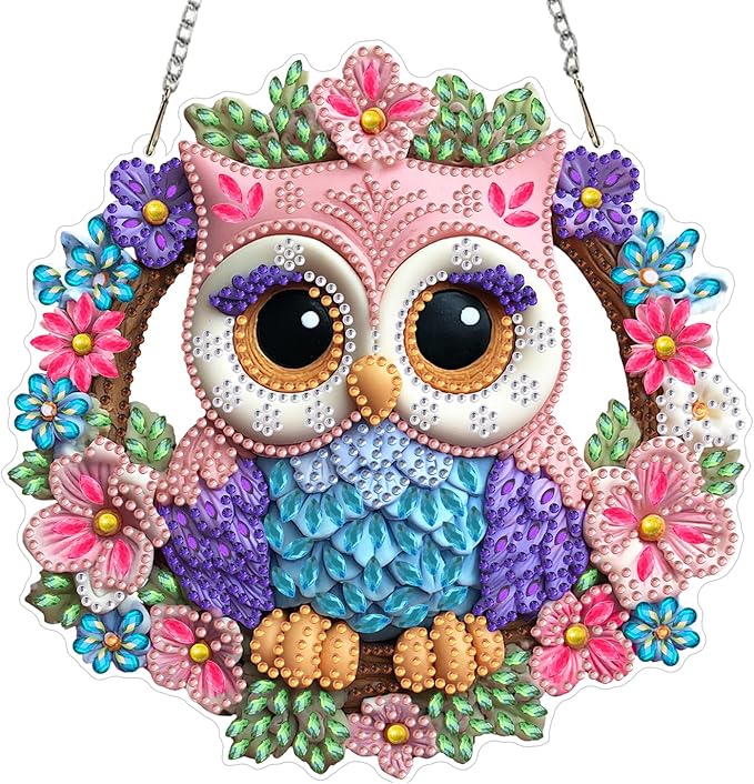 AIRDEA Hanging Diamond Painting Kits Owl,Special Shaped Diamond Art Kits for Beginner Bird and Wreath Gem Art Pendant Decor,7.87x7.87in