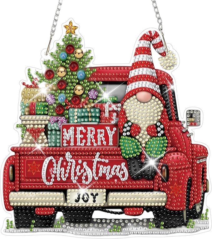 HEIBAGO Gnome Red Truck Diamond Art Hanging Kits for Adults Kids, 5D Special Shaped Crystal Diamond Painting Kit, DIY Pattern Window Pendant Gem Art Kit for Home Wall Decor 8.3 x 8.3 Inch