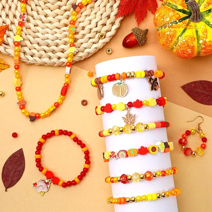 UPINS 2100PCS+ Fall Bracelets Beads Kit for Jewelry Making Thanksgiving Autumn Clay Round Maple Leaf Pumpkin Pony Pearl Beads for Fall DIYJewelry Supplies
