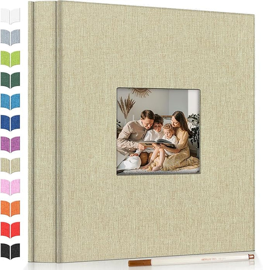 Photo Album Self Adhesive Scrapbook Album for 3x5 4x6 5x7 8x10 Pictures,40 Pages Linen Cover with Display Window DIY Photo Book,Ideal Gifts for Family Travel Wedding Baby