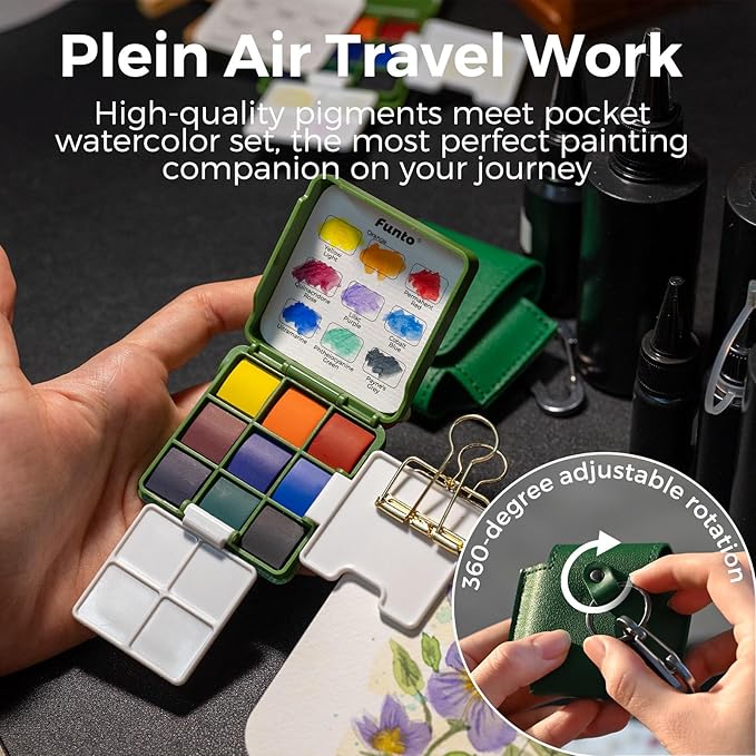 Funto Mini Watercolor Travel Set, Christmas Green Gift Travel Artist Outdoor Sketch Kits with 2 Foldable Palettes, Portable Leather Case and Metal Clip, Kit for Art Lovers