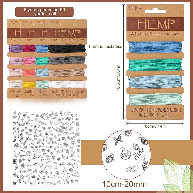Quelay Hemp Cords Jewelry DIY Making Kits, 16 Pcs 84 Yards Flax String Cord, Natural Twine Rope and 194 Pcs Silver Bracelet Charms for Friendship Bracelet Necklace Making, Keychain Gift Craft Making
