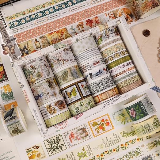 Vintage Washi Tape Set - 24 Rolls Arts Adhesive Tapes Assorted Retro Decorative Masking Tape Sets for Craft, Kids, Scrapbook, DIY, Gift Wrapping (4-Nature Journal)