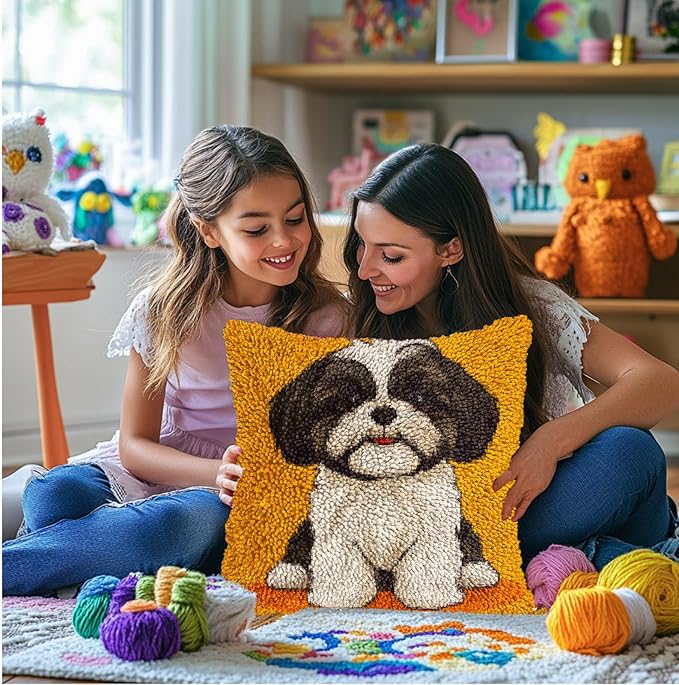 DIY Latch Hook Pillow Kits for Adults Cute Cartoon Shih Tzu Dog Printed Pillowcase Crochet Yarns Hooking Handmade Pillow Cover Cushion for Home Sofa Decoration 17x17inch-5