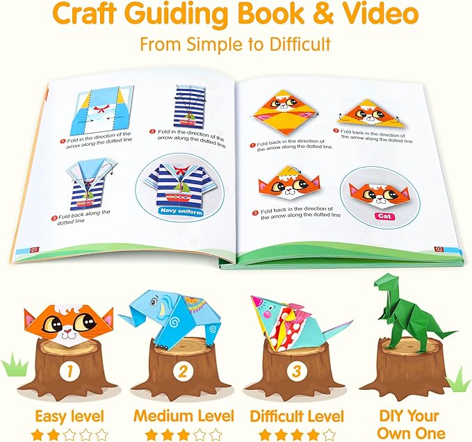 Mocoosy 224 Sheets Origami Paper Kit for Kids Ages 5-8 8-12, Folding Paper Set with Origami Book, Art Craft Supplies Boys Girls 9-12, Travel Game Car Road Trip Activities Easter Basket Stuffer Gifts